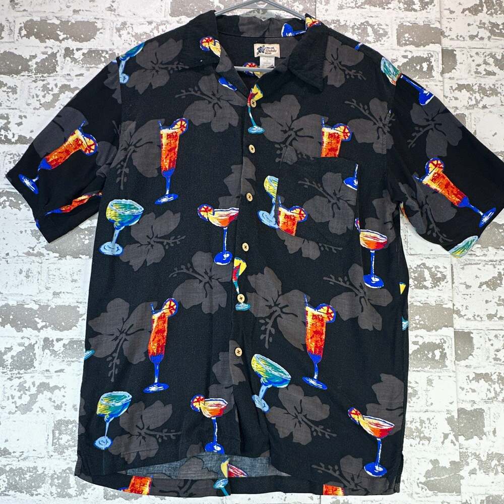 Cherokee Waikiki Wear Shirt Mens Medium Black Cocktail Hawaiian Rayon Button Up